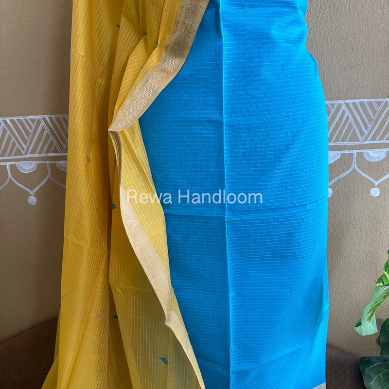 Maheshwari Firozi-Yellow Peacock Buta-Buti Top-Dupatta Set BTP019