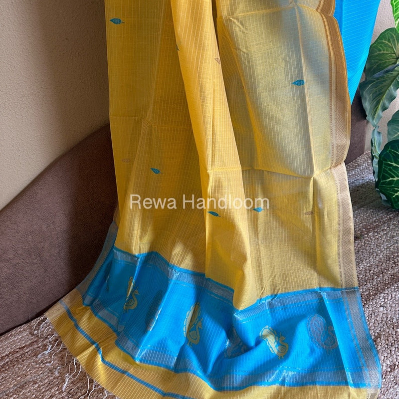 Maheshwari Firozi-Yellow Peacock Buta-Buti Top-Dupatta Set BTP019