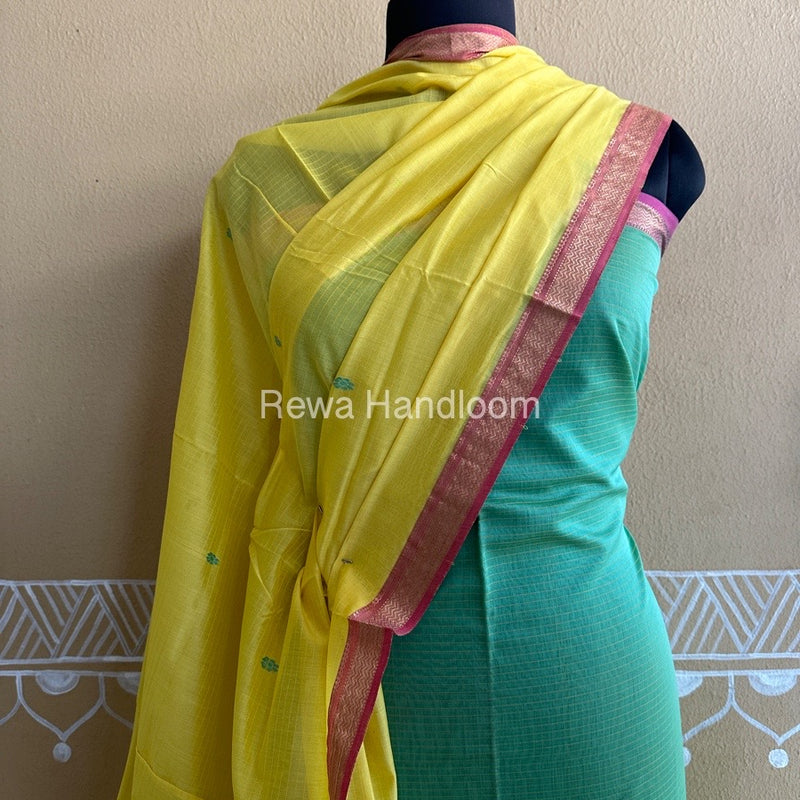 Maheshwari Green-Yellow Peacock Buta-Buti Top-Dupatta Set-BTP031