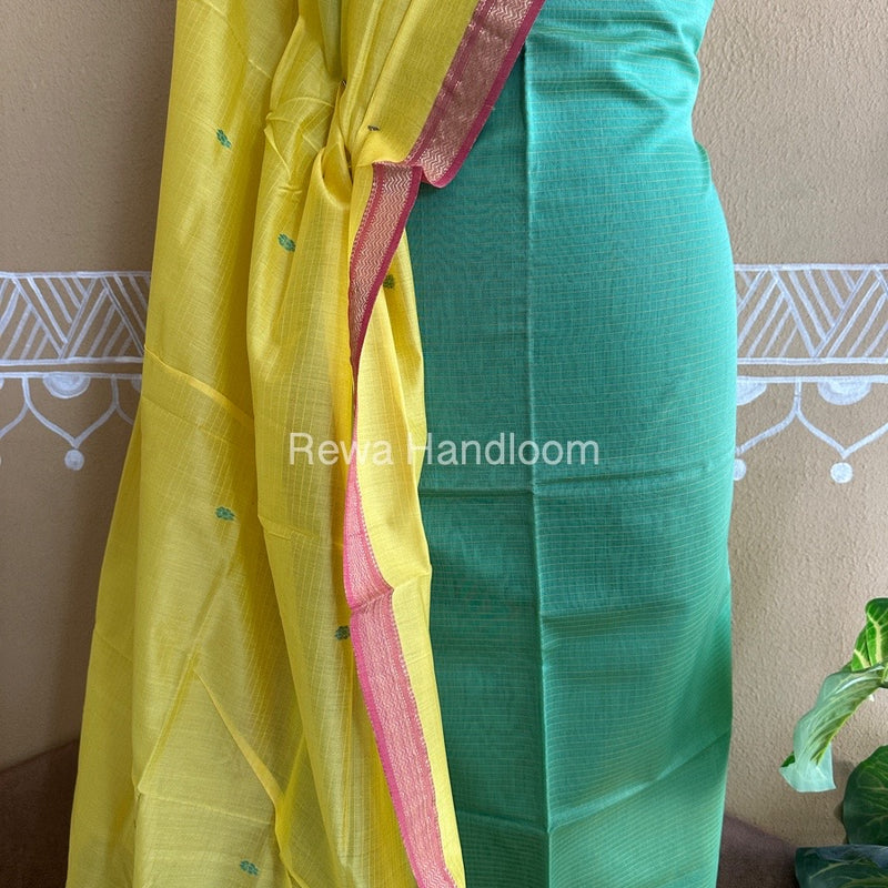 Maheshwari Green-Yellow Peacock Buta-Buti Top-Dupatta Set-BTP031