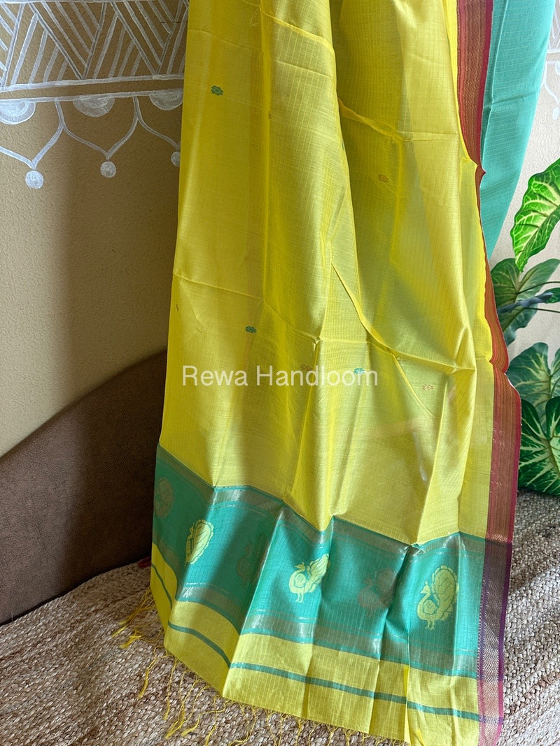 Maheshwari Green-Yellow Peacock Buta-Buti Top-Dupatta Set-BTP031