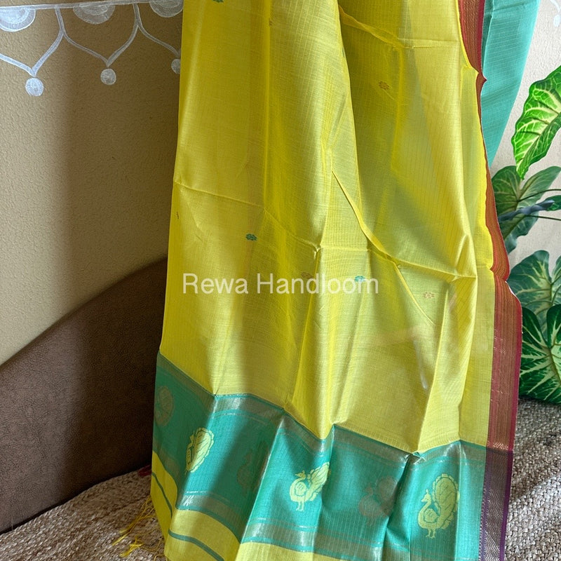 Maheshwari Green-Yellow Peacock Buta-Buti Top-Dupatta Set-BTP031