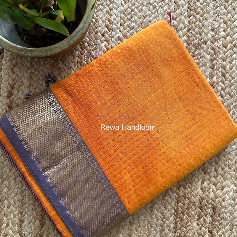 Maheshwari Turmeric Yellow Zari Checks Saree ZCHX439