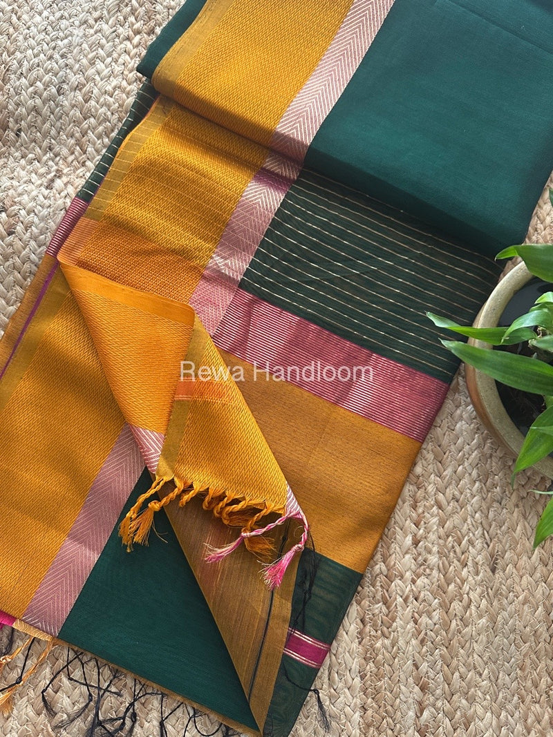 Bottle Green Ganga Jamuna Maheshwari Saree GJ0143