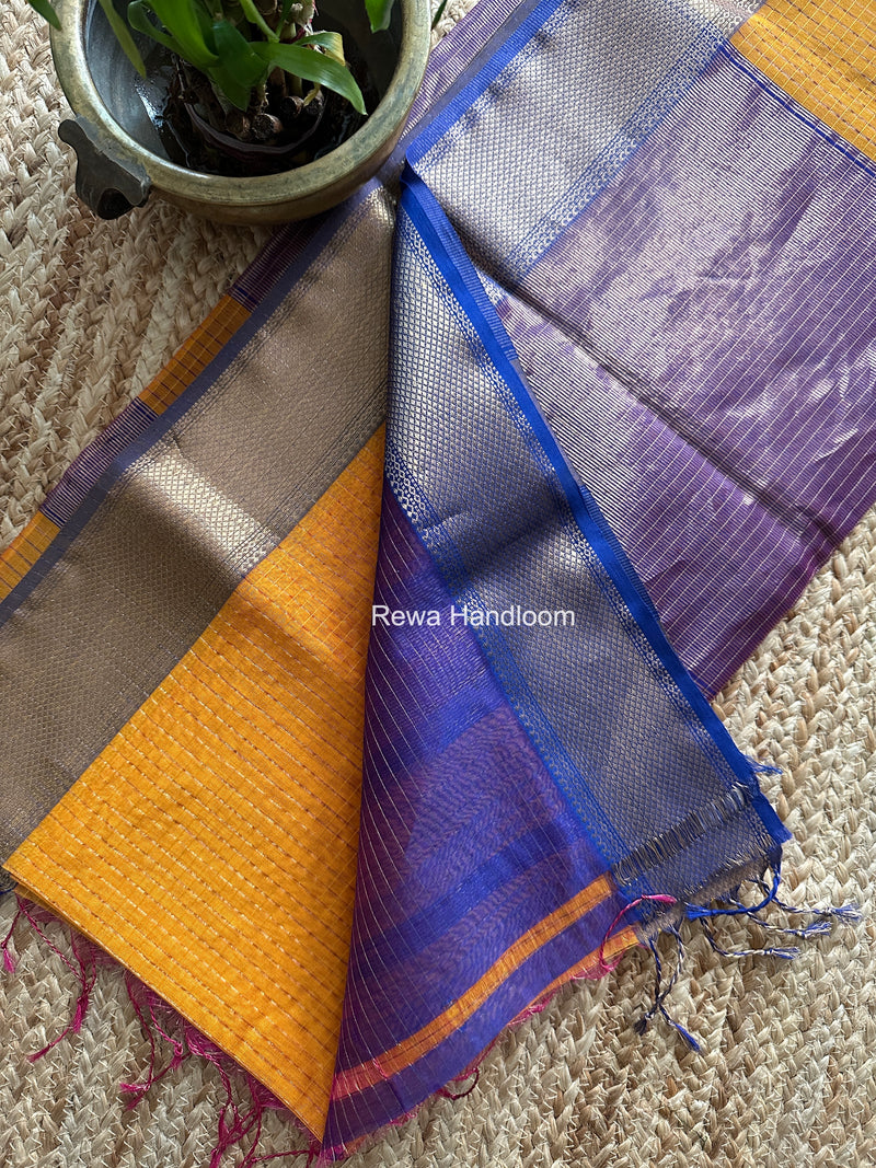 Maheshwari Turmeric Yellow Zari Checks Saree ZCHX439