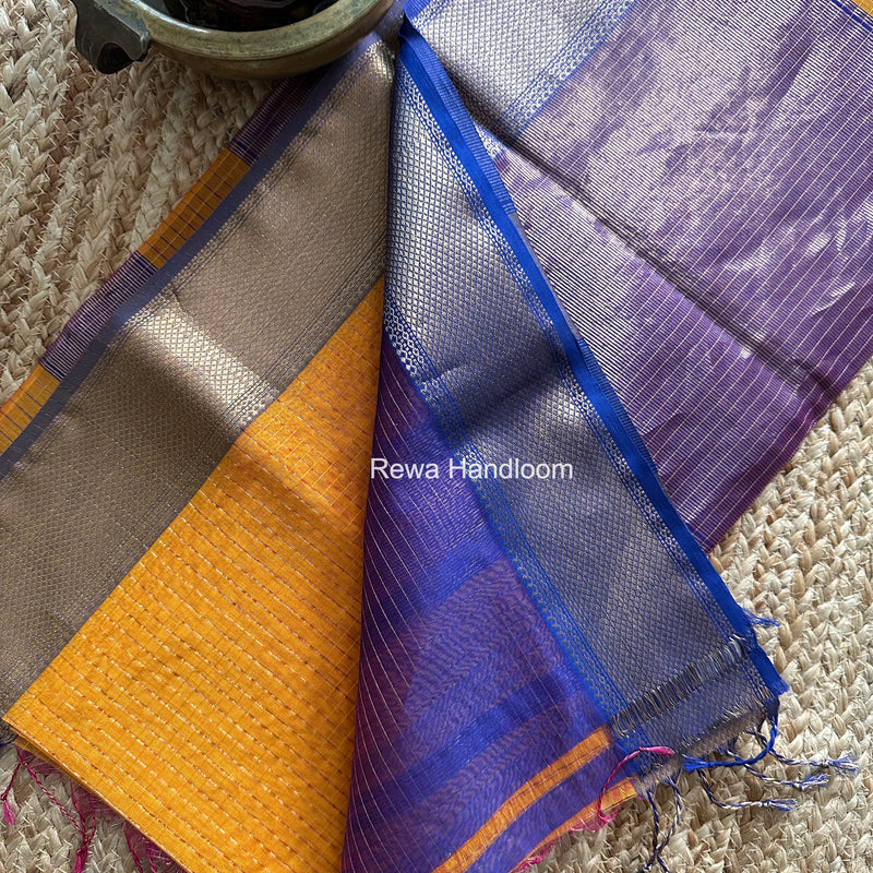 Maheshwari Turmeric Yellow Zari Checks Saree ZCHX439