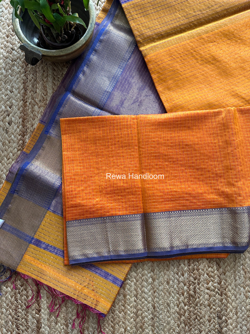 Maheshwari Turmeric Yellow Zari Checks Saree ZCHX439