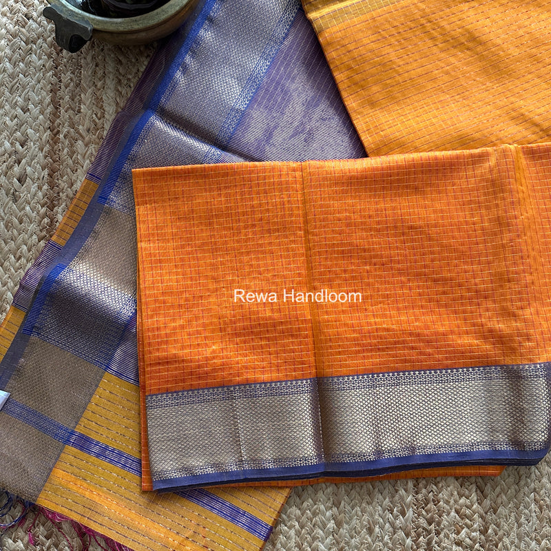 Maheshwari Turmeric Yellow Zari Checks Saree ZCHX439
