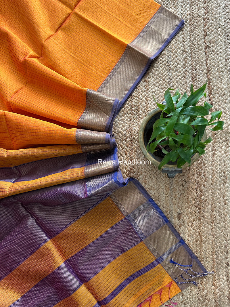Maheshwari Turmeric Yellow Zari Checks Saree ZCHX439