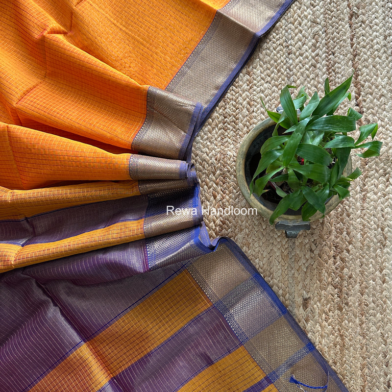 Maheshwari Turmeric Yellow Zari Checks Saree ZCHX439
