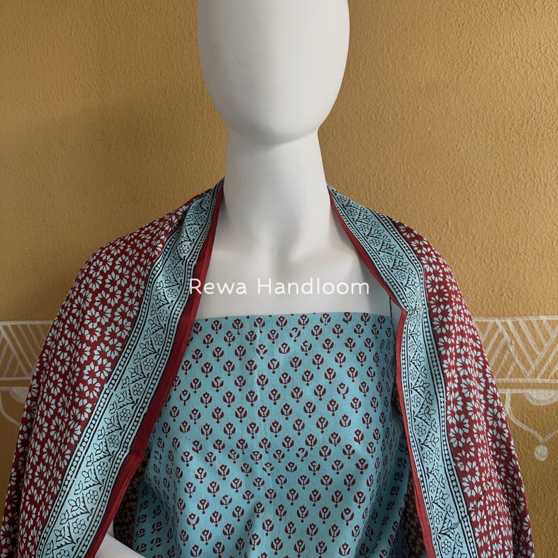 Sky Blue-Maroon Bagh Print Cotton Suit BGCSJ051