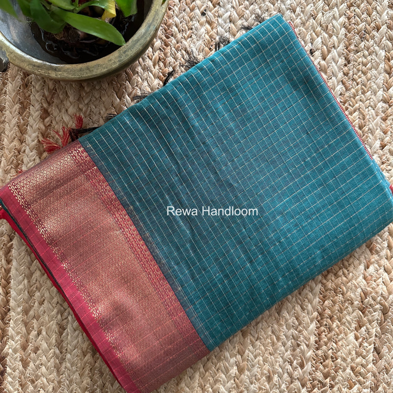 Maheshwari Aqua Green Zari Checks Saree ZCHX485