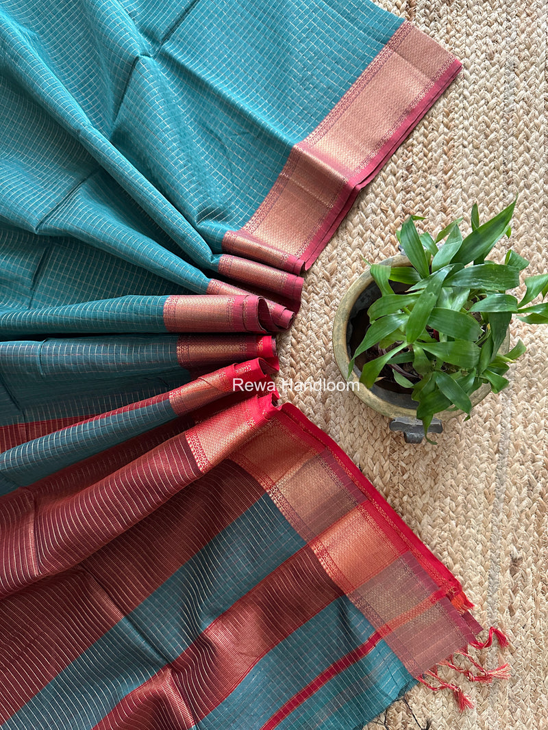 Maheshwari Aqua Green Zari Checks Saree ZCHX485