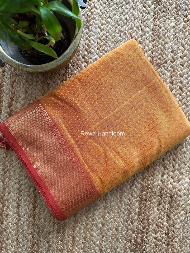 Maheshwari Turmeric Yellow Zari Checks Saree ZCHX484