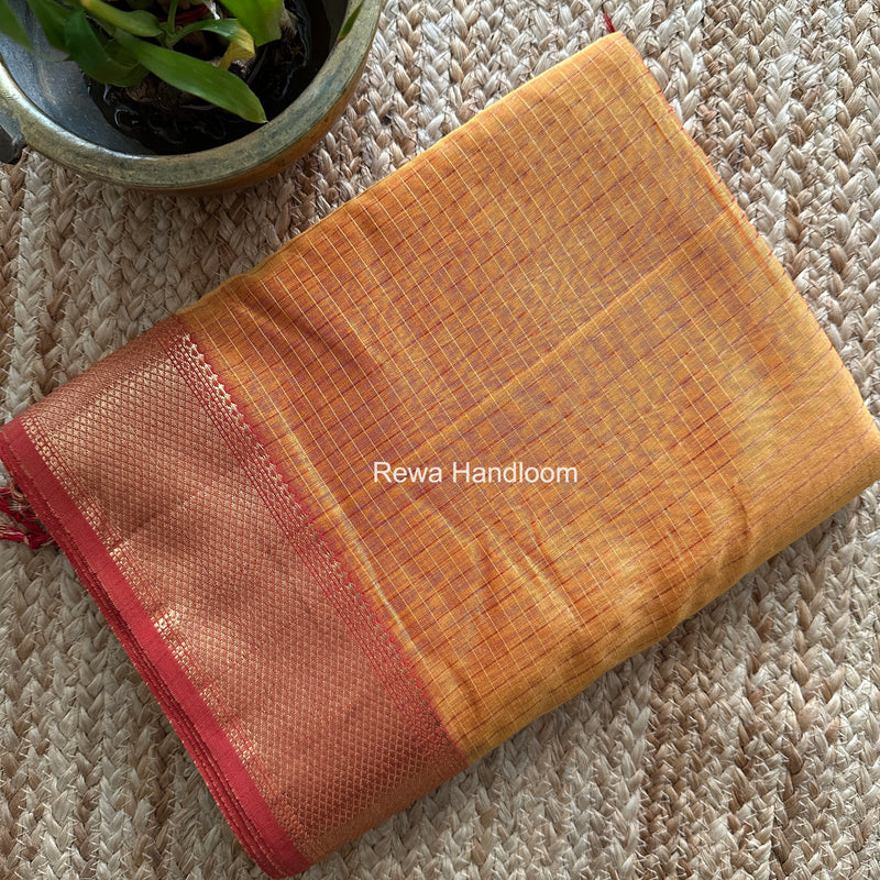Maheshwari Turmeric Yellow Zari Checks Saree ZCHX484