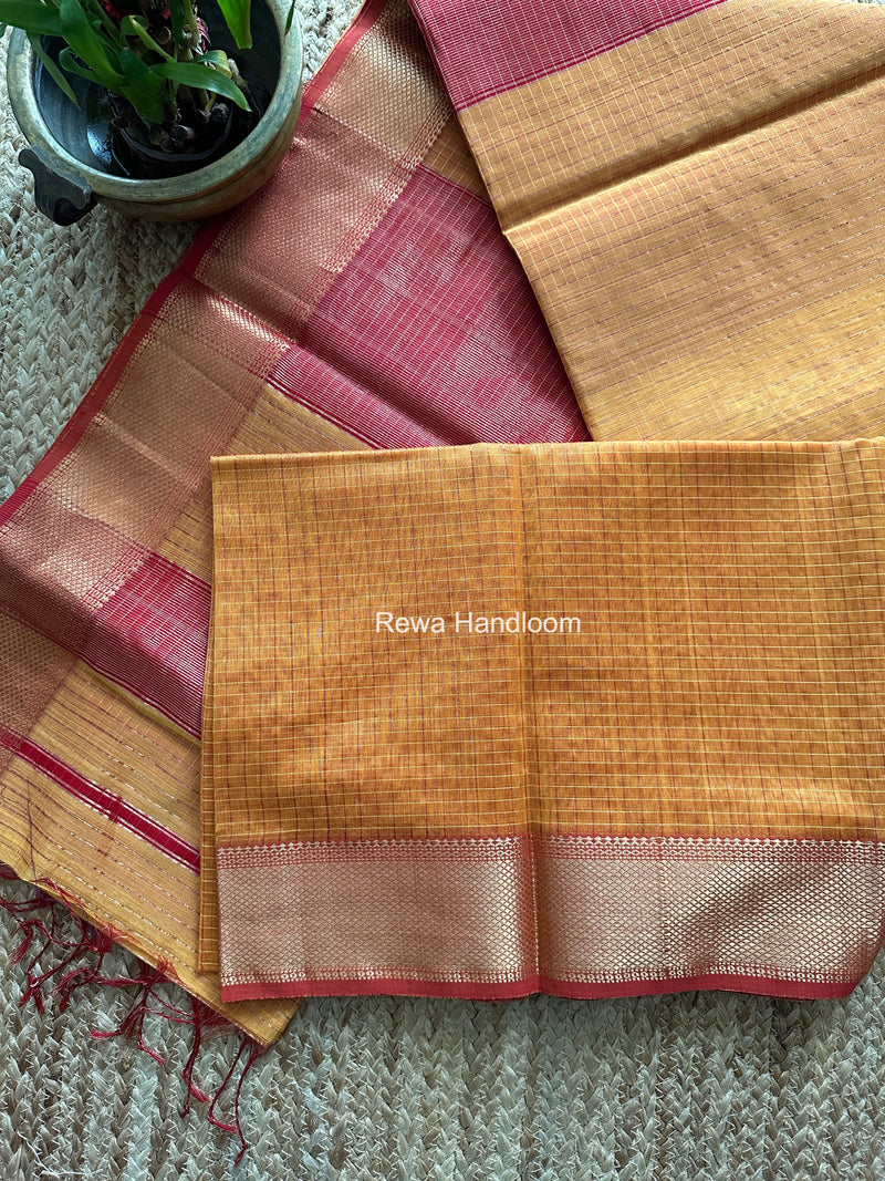 Maheshwari Turmeric Yellow Zari Checks Saree ZCHX484