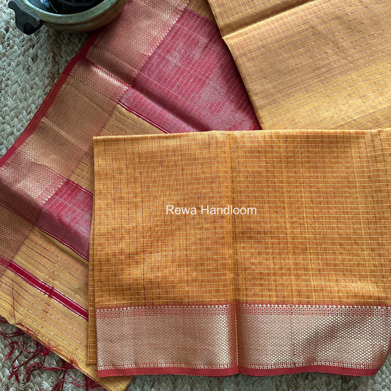 Maheshwari Turmeric Yellow Zari Checks Saree ZCHX484