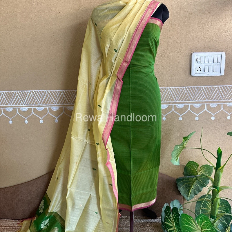 Maheshwari Green-Yellow Peacock Buta-Buti Top-Dupatta Set BTP025