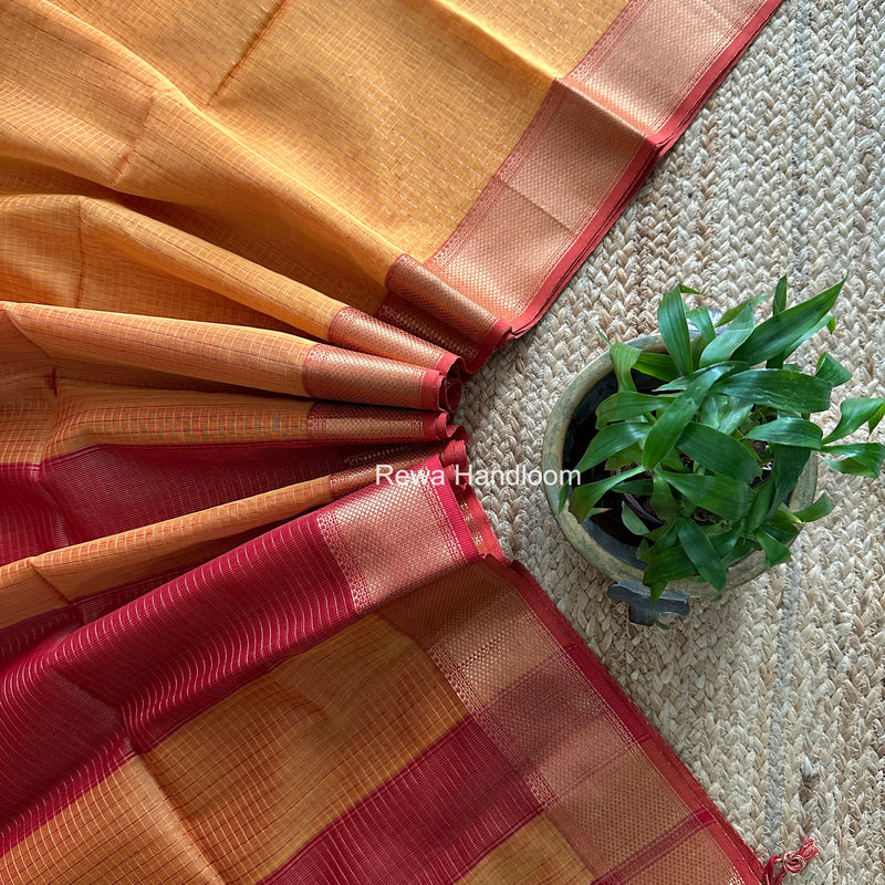 Maheshwari Turmeric Yellow Zari Checks Saree ZCHX484