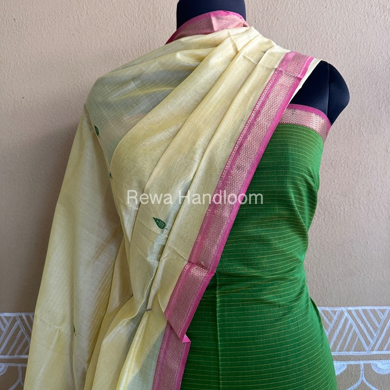 Maheshwari Green-Yellow Peacock Buta-Buti Top-Dupatta Set BTP025