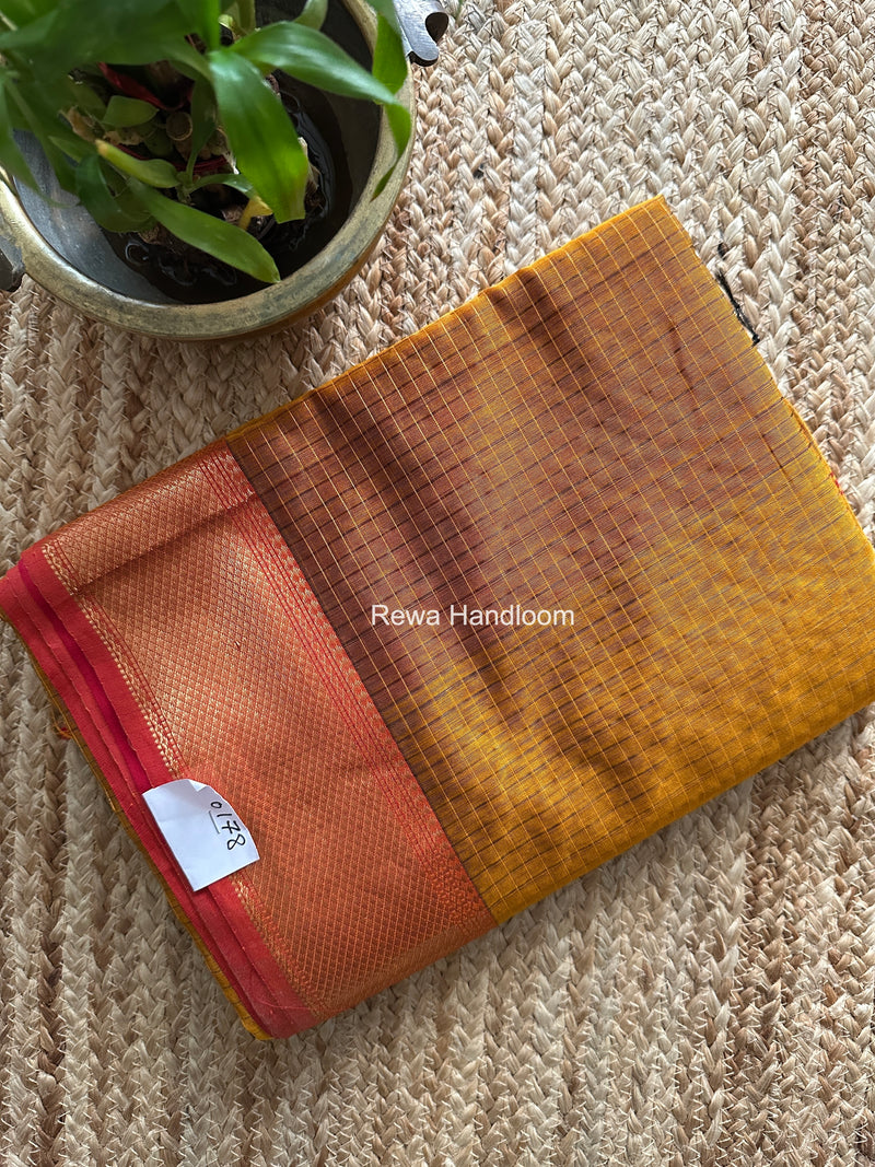 Maheshwari Dark Mustard Zari Checks Saree ZCHX464