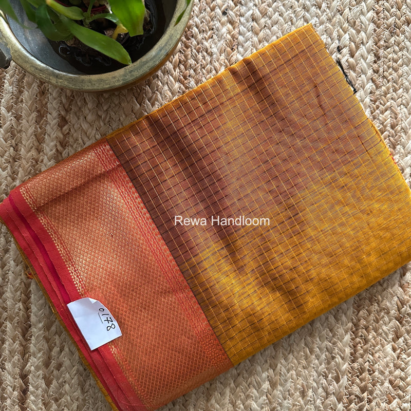 Maheshwari Dark Mustard Zari Checks Saree ZCHX464