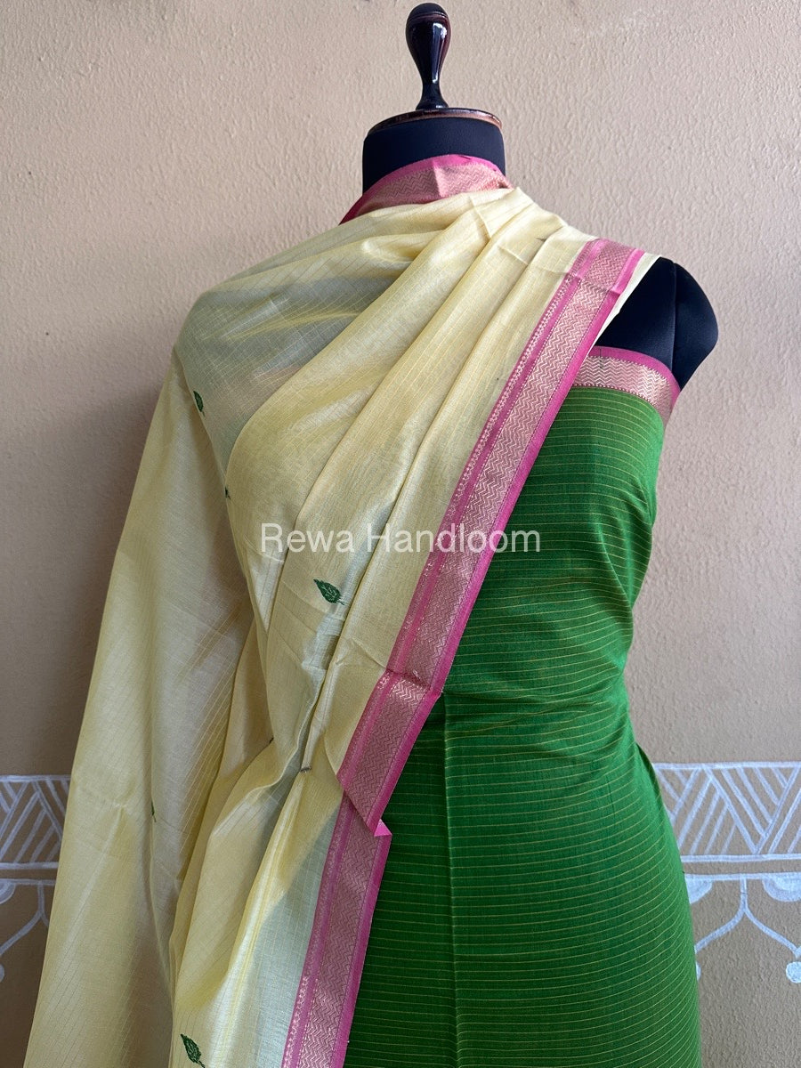 Maheshwari Green-Yellow Peacock Buta-Buti Top-Dupatta Set-BTP025