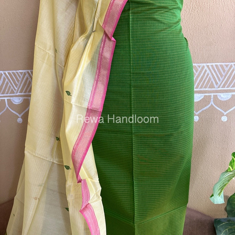 Maheshwari Green-Yellow Peacock Buta-Buti Top-Dupatta Set BTP025