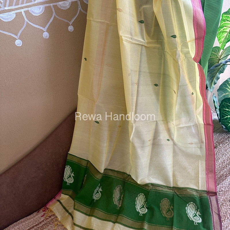 Maheshwari Green-Yellow Peacock Buta-Buti Top-Dupatta Set BTP025