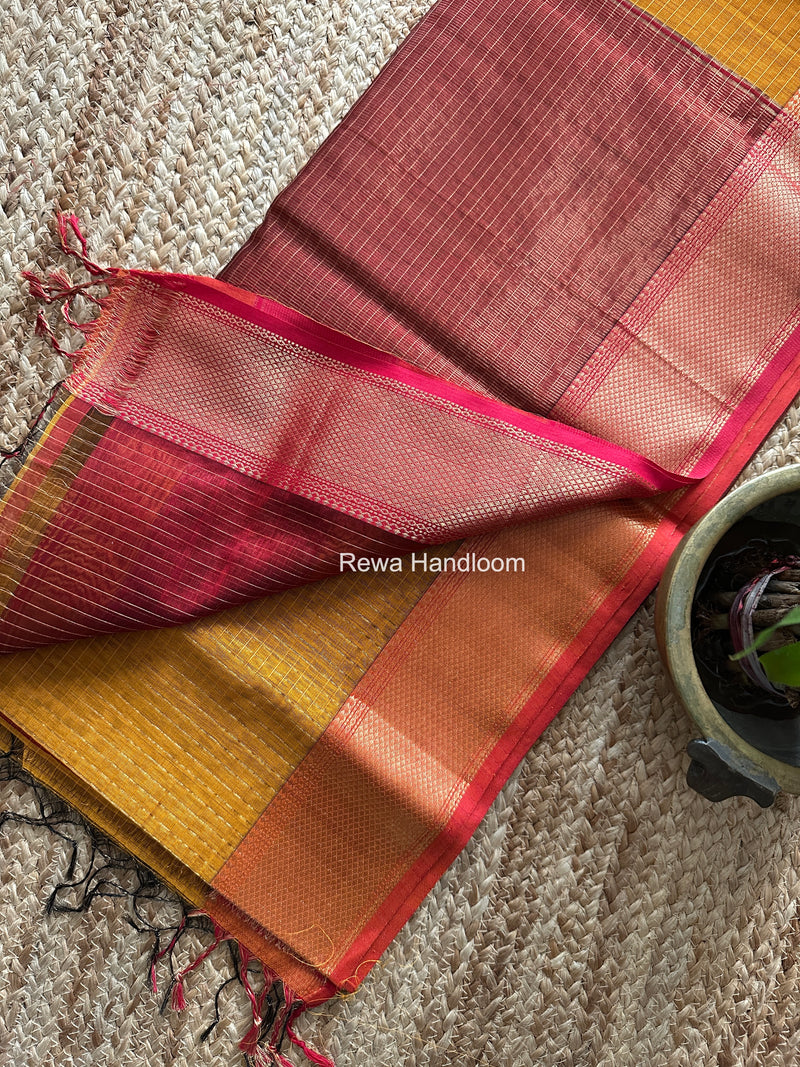 Maheshwari Dark Mustard Zari Checks Saree ZCHX464