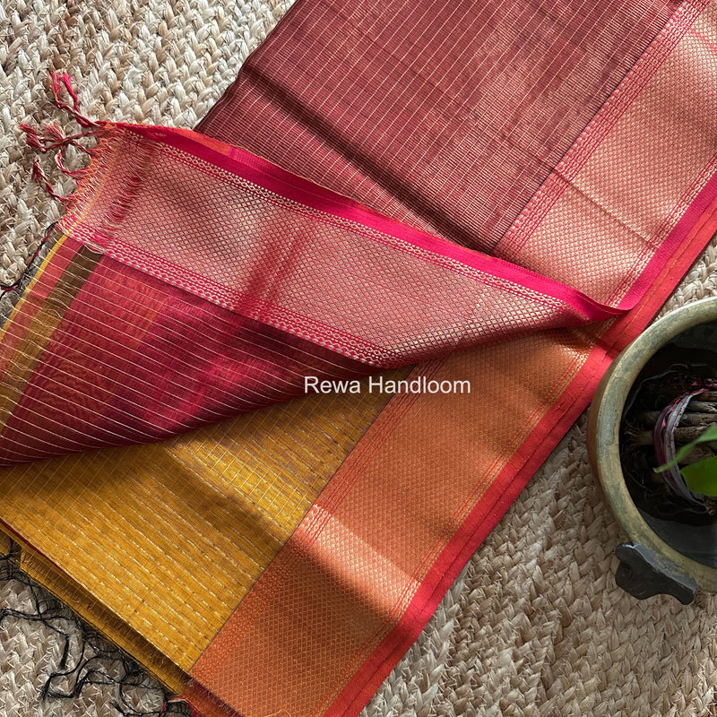 Maheshwari Dark Mustard Zari Checks Saree ZCHX464