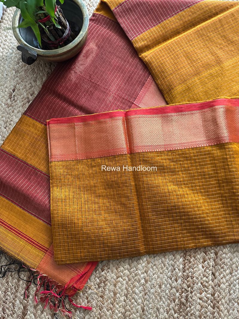 Maheshwari Dark Mustard Zari Checks Saree ZCHX464