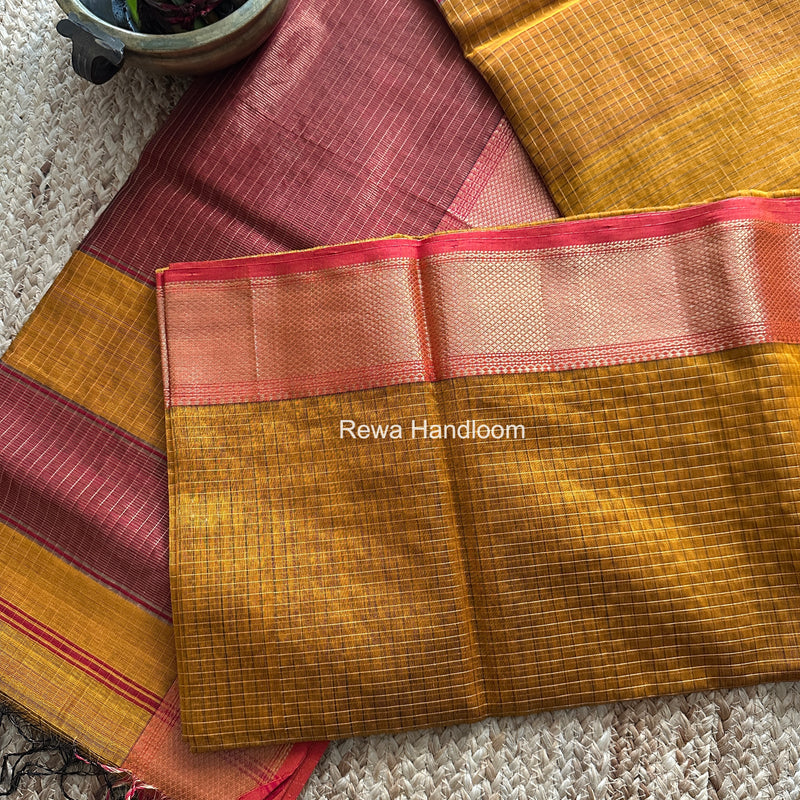 Maheshwari Dark Mustard Zari Checks Saree ZCHX464