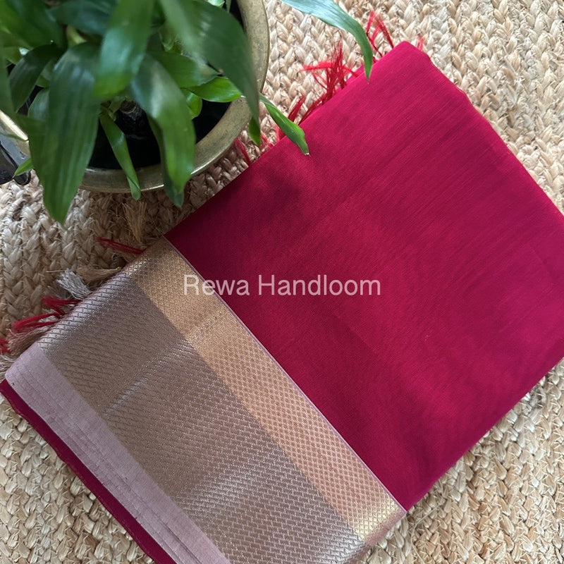 Maheshwari Dark Pink Resham Thread Border Saree RTS073