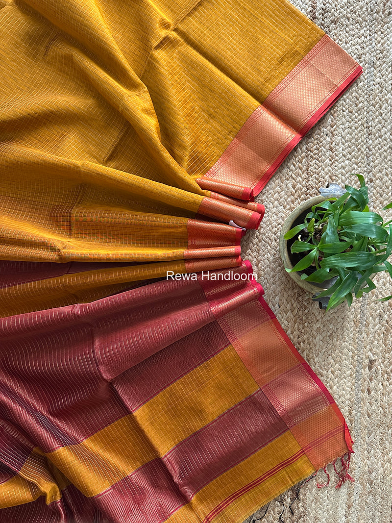 Maheshwari Dark Mustard Zari Checks Saree ZCHX464