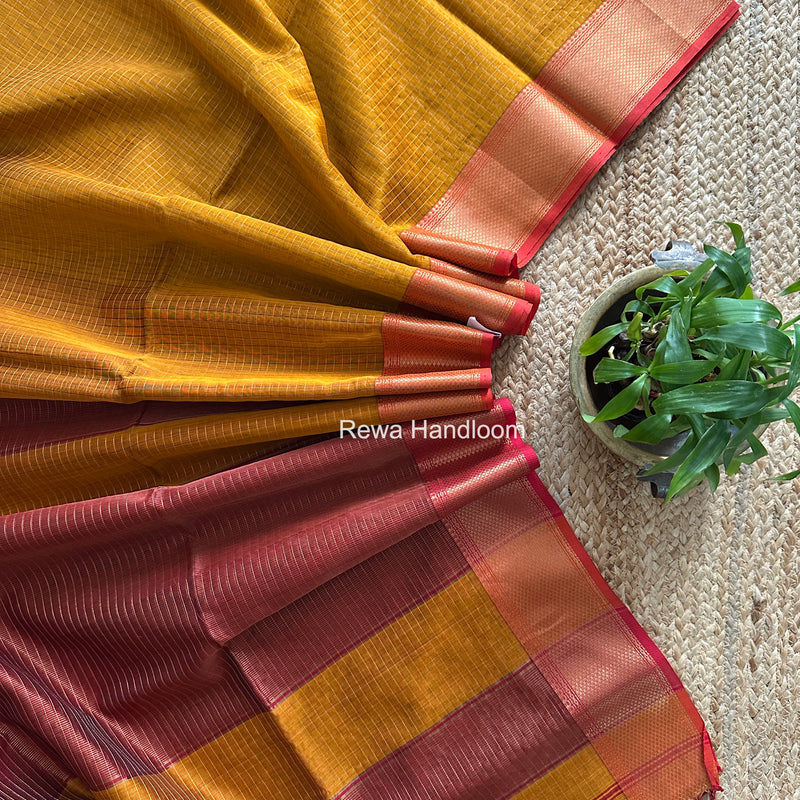 Maheshwari Dark Mustard Zari Checks Saree ZCHX464