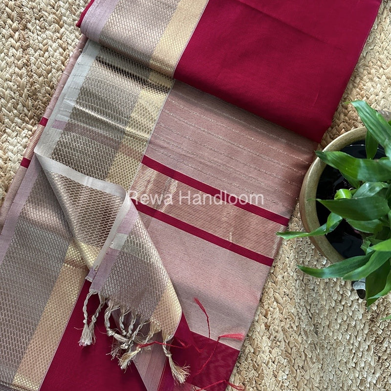 Maheshwari Dark Pink Resham Thread Border Saree RTS073