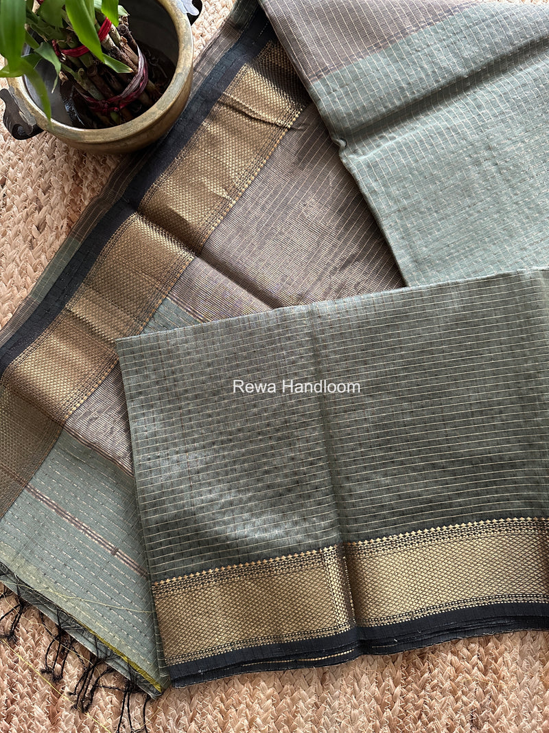 Maheshwari Light Pista Green Zari Checks Saree ZCHX477