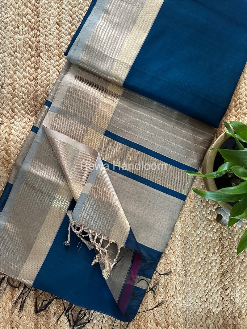 Maheshwari Teal Blue Resham Thread Border Saree RTS068