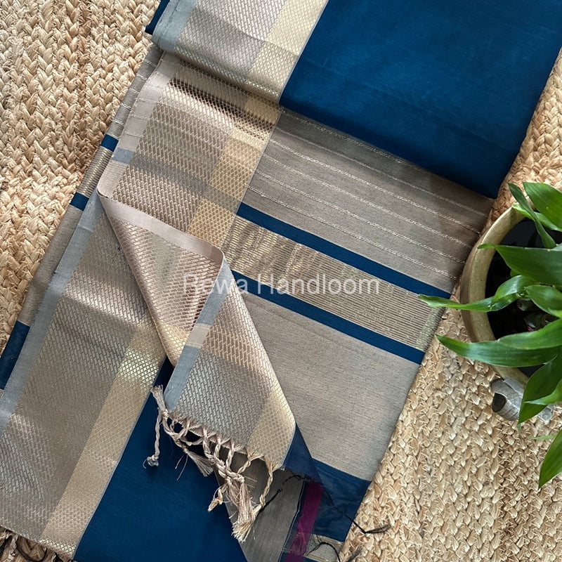 Maheshwari Teal Blue Resham Thread Border Saree RTS068