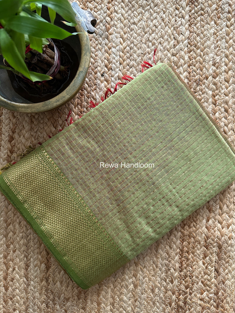 Maheshwari Pista Green Zari Checks Saree ZCHX482