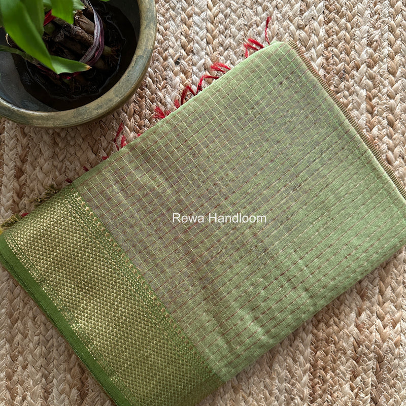 Maheshwari Pista Green Zari Checks Saree ZCHX482