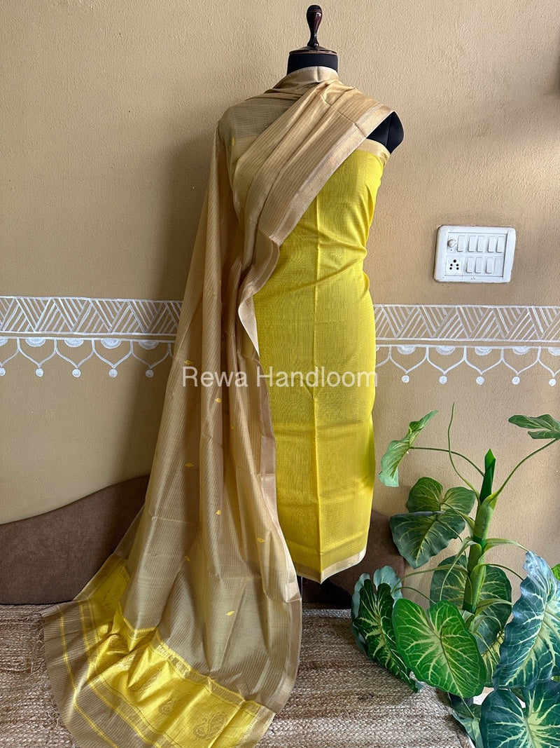 Maheshwari Mustard Yellow-Beige Peacock Buta-Buti Top-Dupatta Set BTP0273
