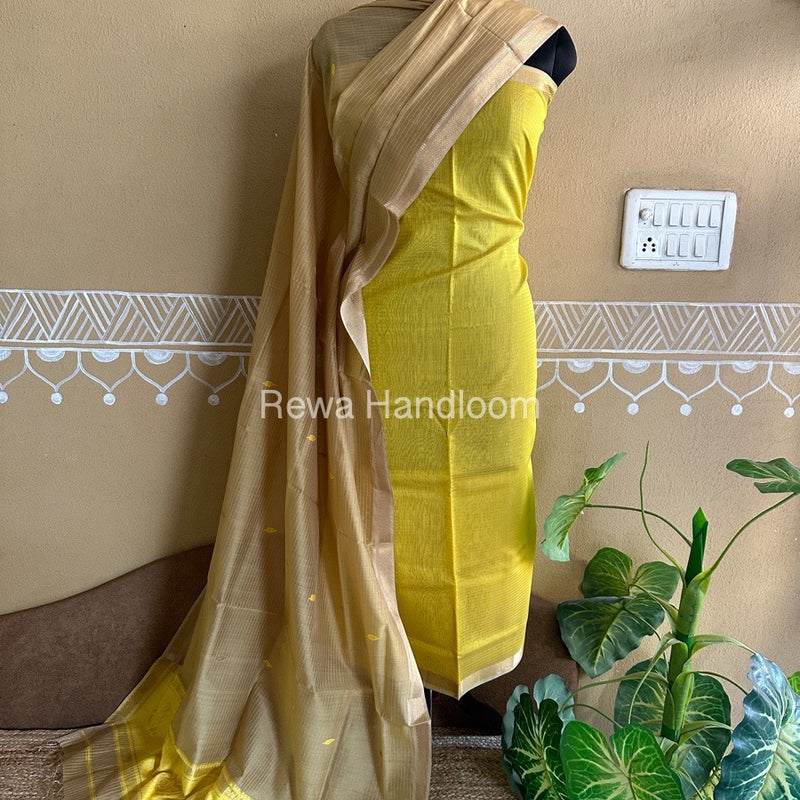 Maheshwari Mustard Yellow-Beige Peacock Buta-Buti Top-Dupatta Set BTP0273