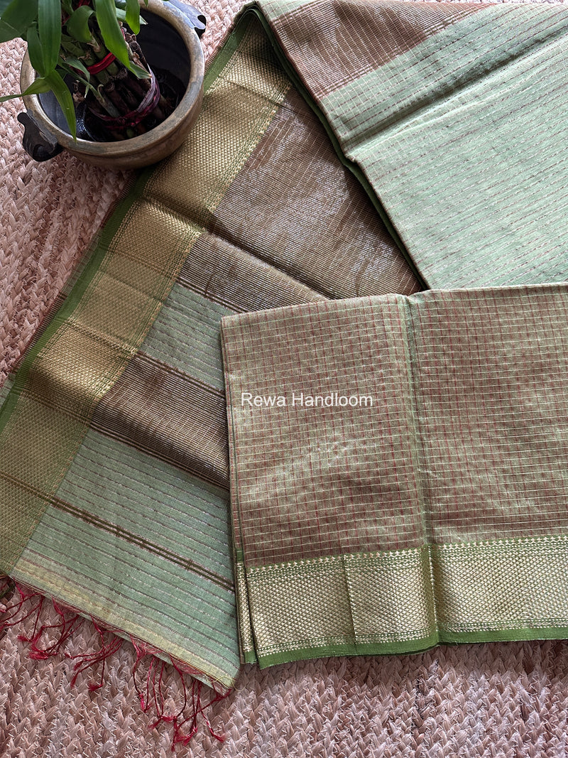 Maheshwari Pista Green Zari Checks Saree ZCHX482