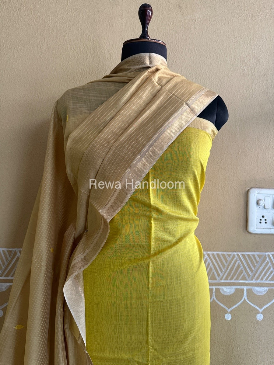 Maheshwari Mustard Yellow-Beige Peacock Buta-Buti Top-Dupatta Set BTP0273