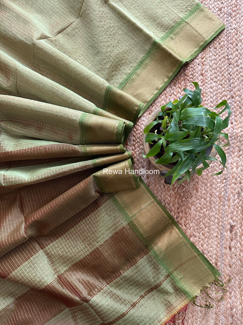 Maheshwari Pista Green Zari Checks Saree ZCHX482