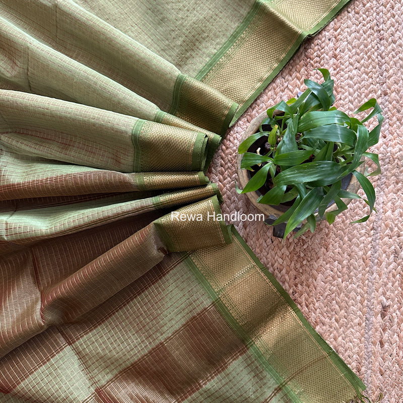 Maheshwari Pista Green Zari Checks Saree ZCHX482