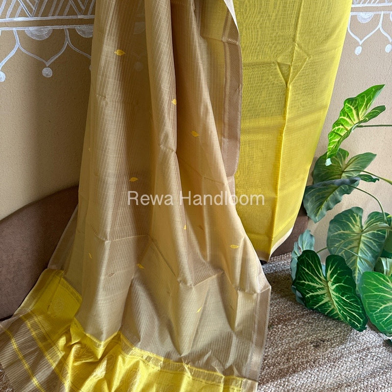 Maheshwari Mustard Yellow-Beige Peacock Buta-Buti Top-Dupatta Set BTP0273