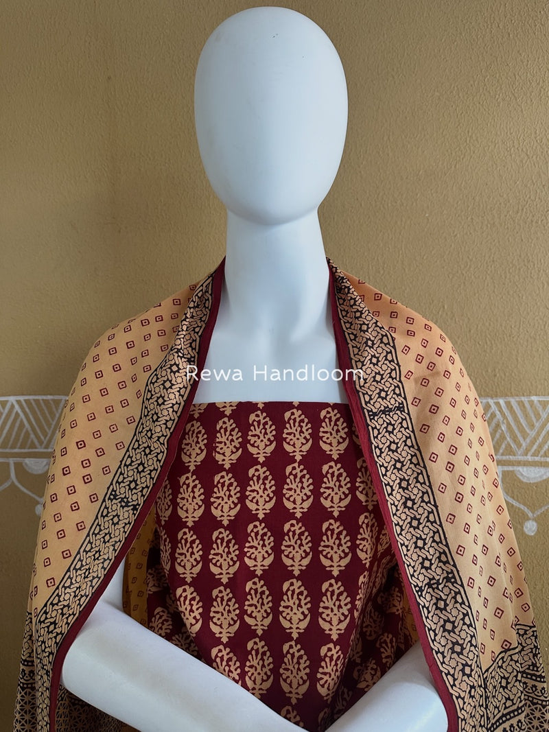 Maroon-Light Yellow Bagh Print Cotton Suit BGCSJ046